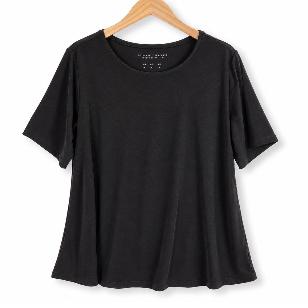 Susan Graver Top Womens Medium Petite Black Modern Liquid Knit A-line A682077